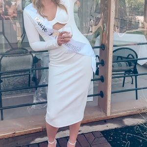 NBD cream long sleeve midi dress with cutout